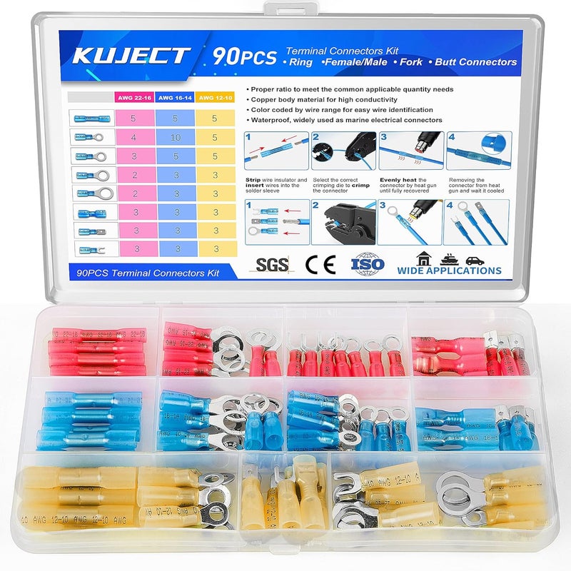 Kuject 90PCS Heat Shrink Wire Connectors, Multipurpose Waterproof Electrical Wire Terminals kit, Insulated Crimp Connectors Ring Fork Spade Butt Splices for Automotive Marine Boat Truck - Image 1